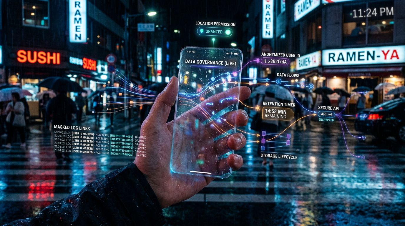 Neon ışıklı şehir ortamında, veri akışları ve açık rıza katmanlarıyla görselleştirilmiş KVKK uyumlu mobil uygulama konsepti