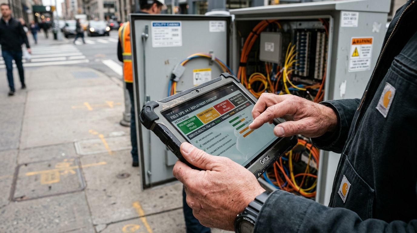 Şehir içi teknik altyapı yanında, tablette canlıya geçiş kontrol listesini takip eden saha teknisyeni yakın planı
