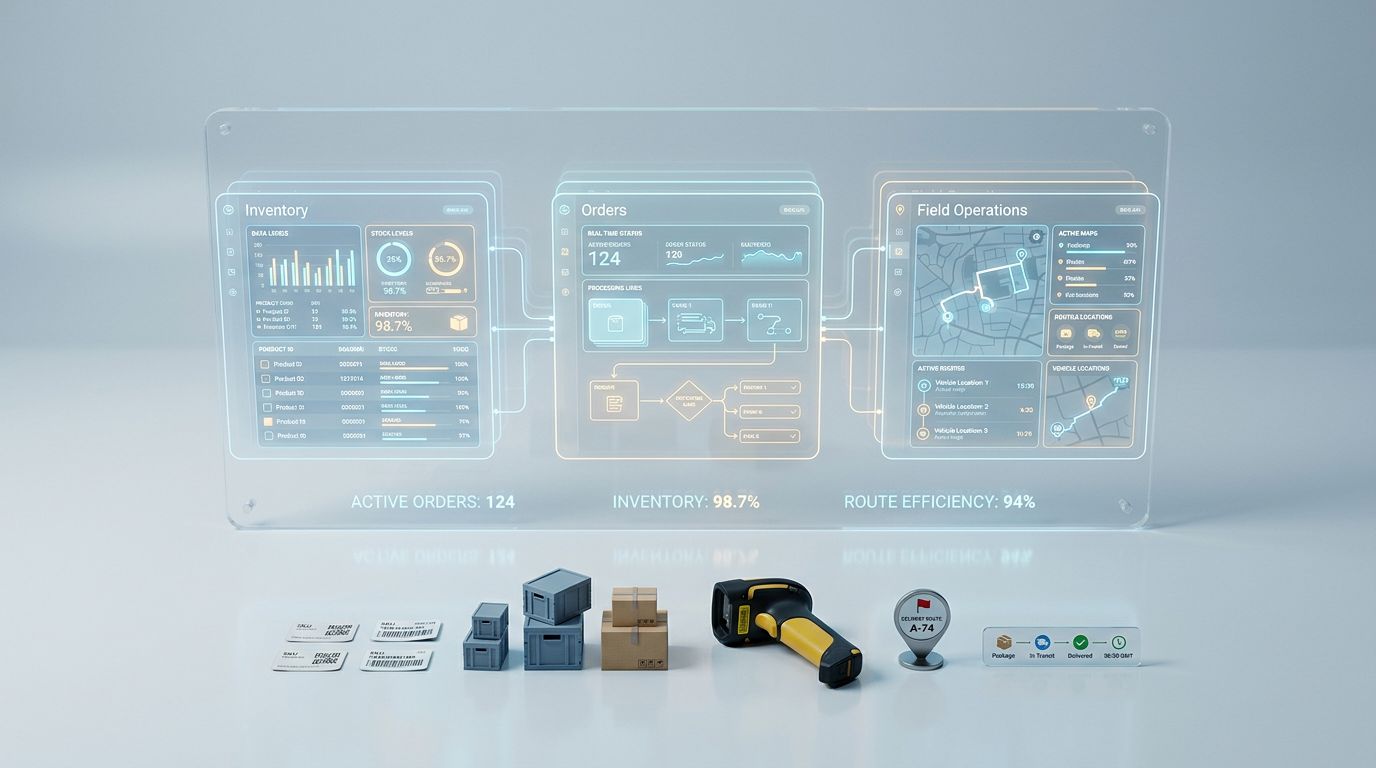 Stok, sipariş ve saha operasyonlarını temsil eden tek panel yapısının fütüristik stüdyo görselleştirmesi