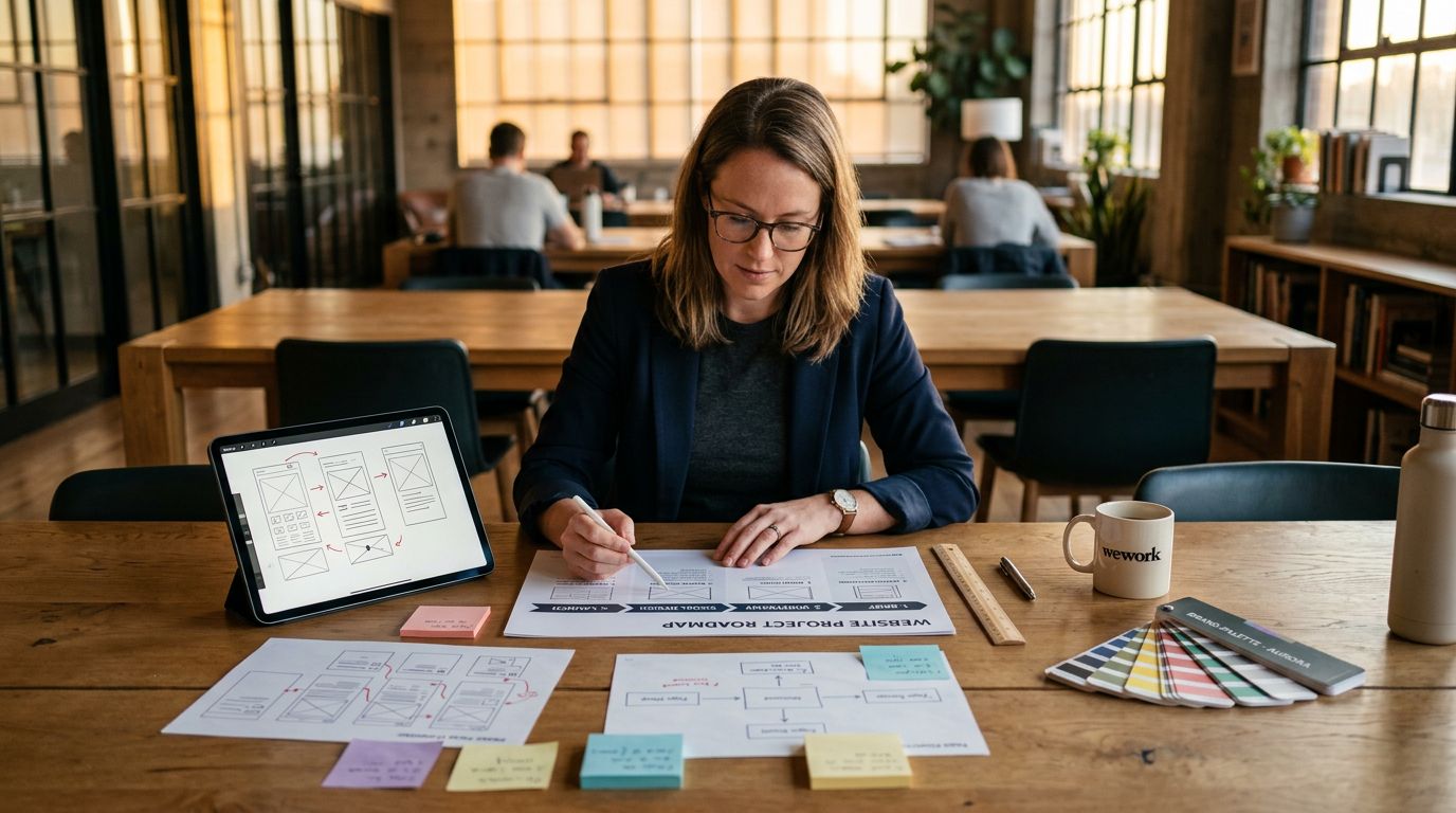 Ortak çalışma alanında web tasarım projesinin brief, wireframe, tasarım ve yayın aşamalarını planlayan profesyonel