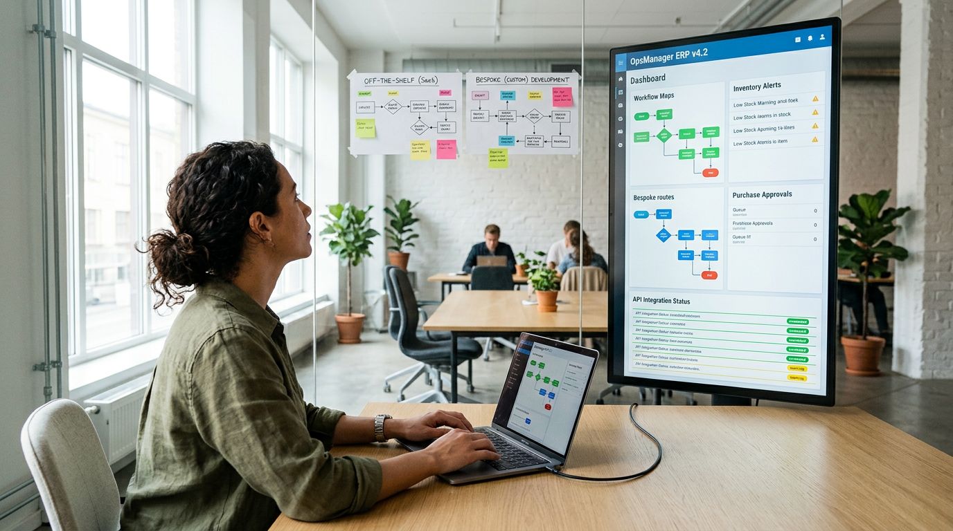 Co-working alanında omuz üzerinden görülen, özel ERP süreç ekranlarını inceleyen operasyon yöneticisi