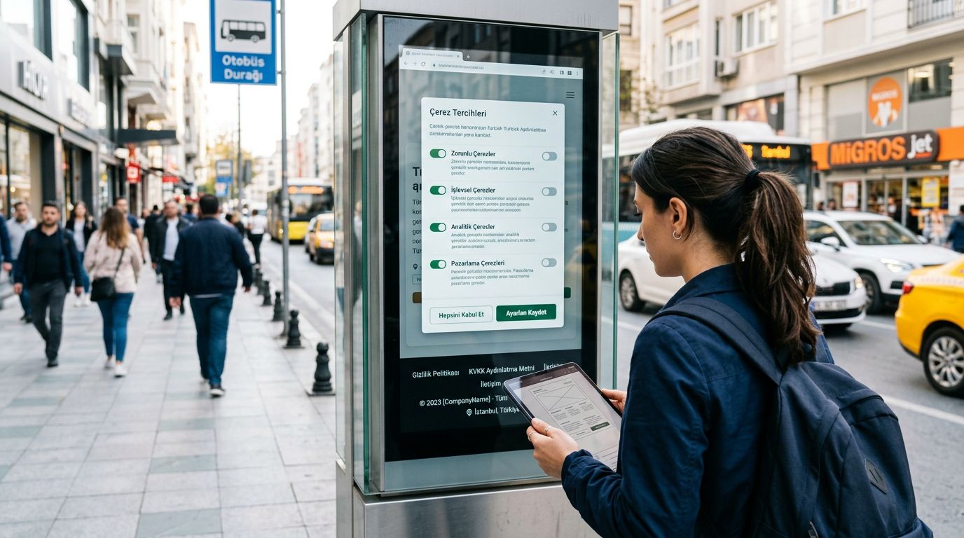 Şehir içi teknoloji ortamında bir tablette kurumsal sitenin çerez tercih ekranını inceleyen kişi