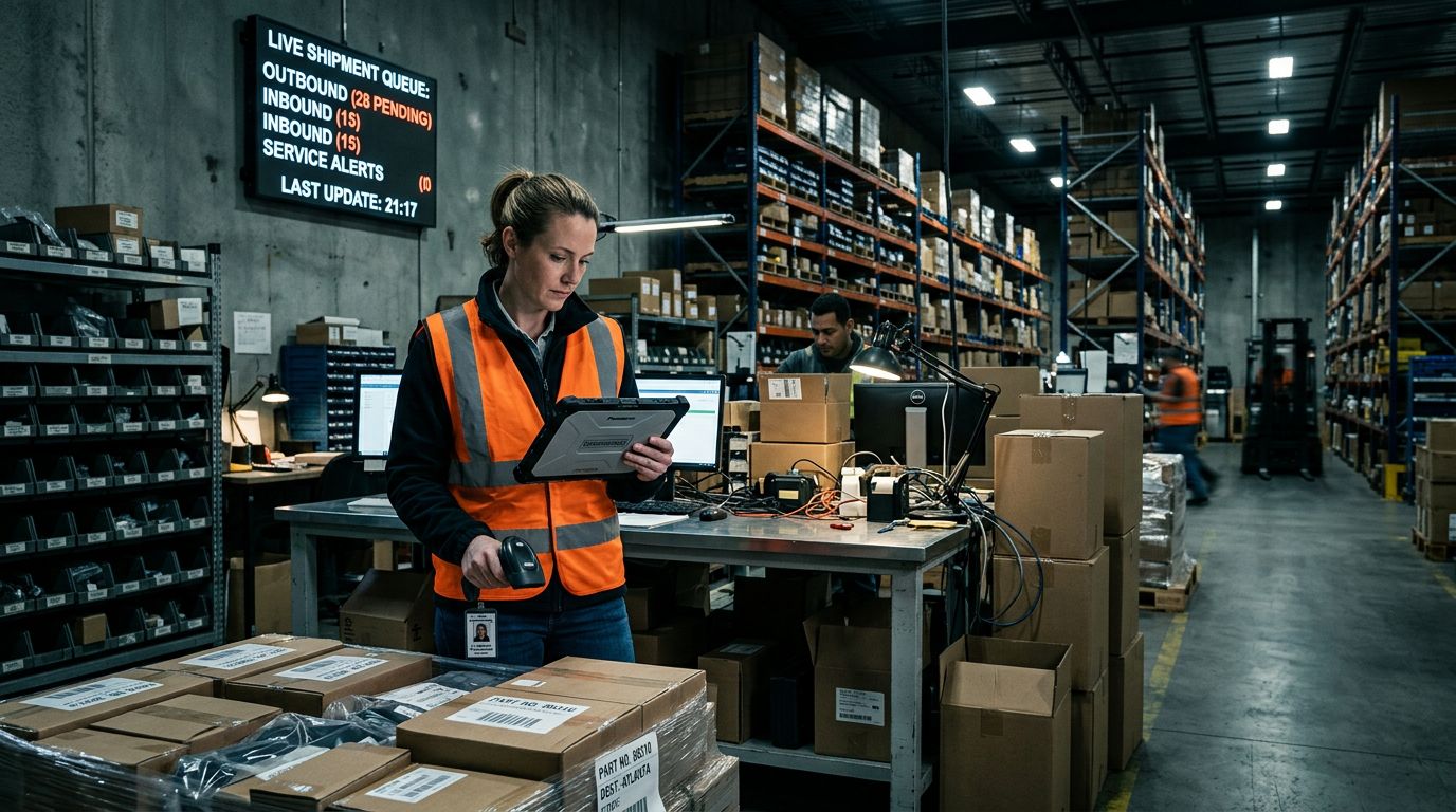 Depoda tablet üzerinden teklif, sipariş ve destek ekranlarını kullanan B2B müşteri portalı sahnesi