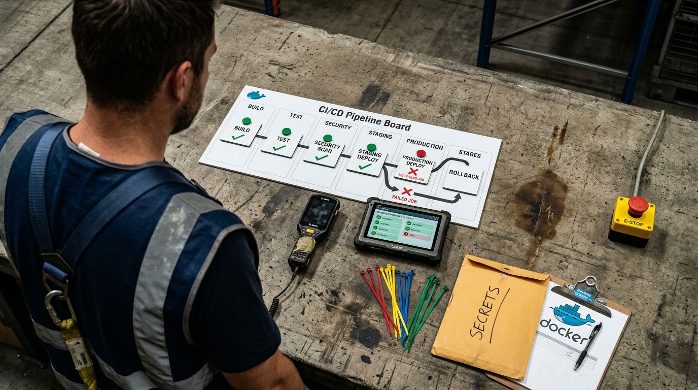 Depo zemininde CI/CD adımlarını gösteren baskılı akış, endüstriyel tablet ve barkod okuyucu ile üstten çekilmiş sahne