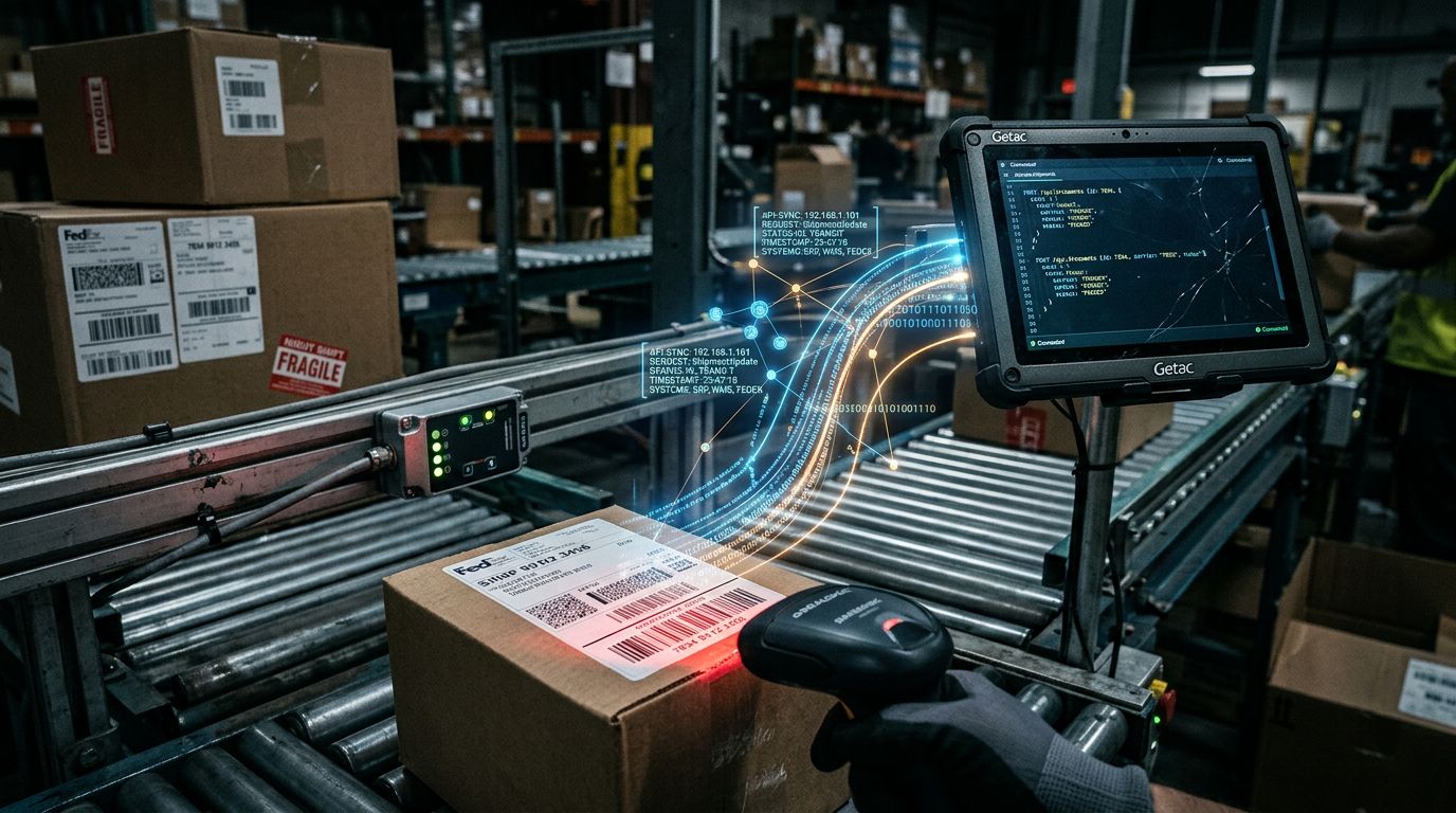 Depo operasyonunda barkod, tablet ve veri akışlarıyla API entegrasyonunu gösteren yakın plan sahne