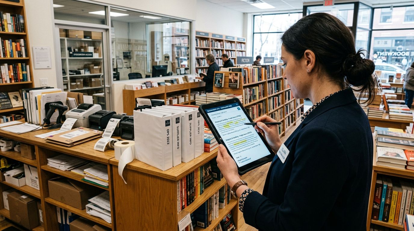 Perakende mağaza ortamında tablette kurumsal yapay zeka arama arayüzünü kullanan yönetici