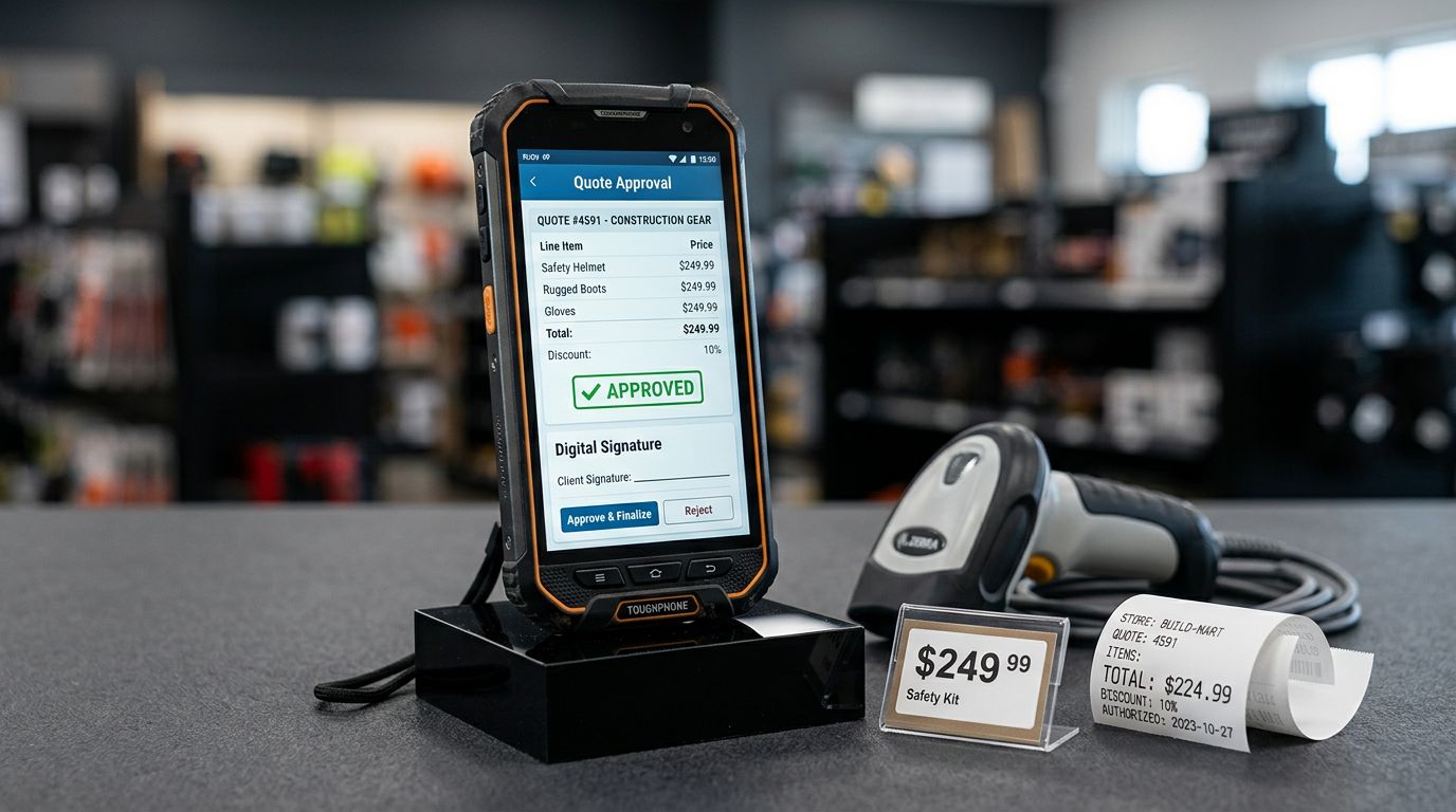 Mağaza ortamını çağrıştıran minimal sahnede mobil teklif onay ekranı açık akıllı telefon