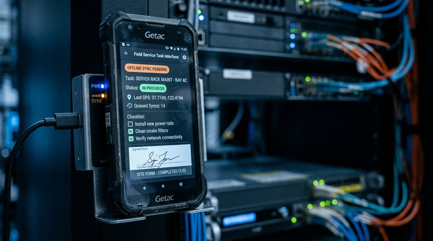 Veri merkezi atmosferinde, offline görev kuyruğu ve form ekranı görünen dayanıklı saha telefonu yakın planı