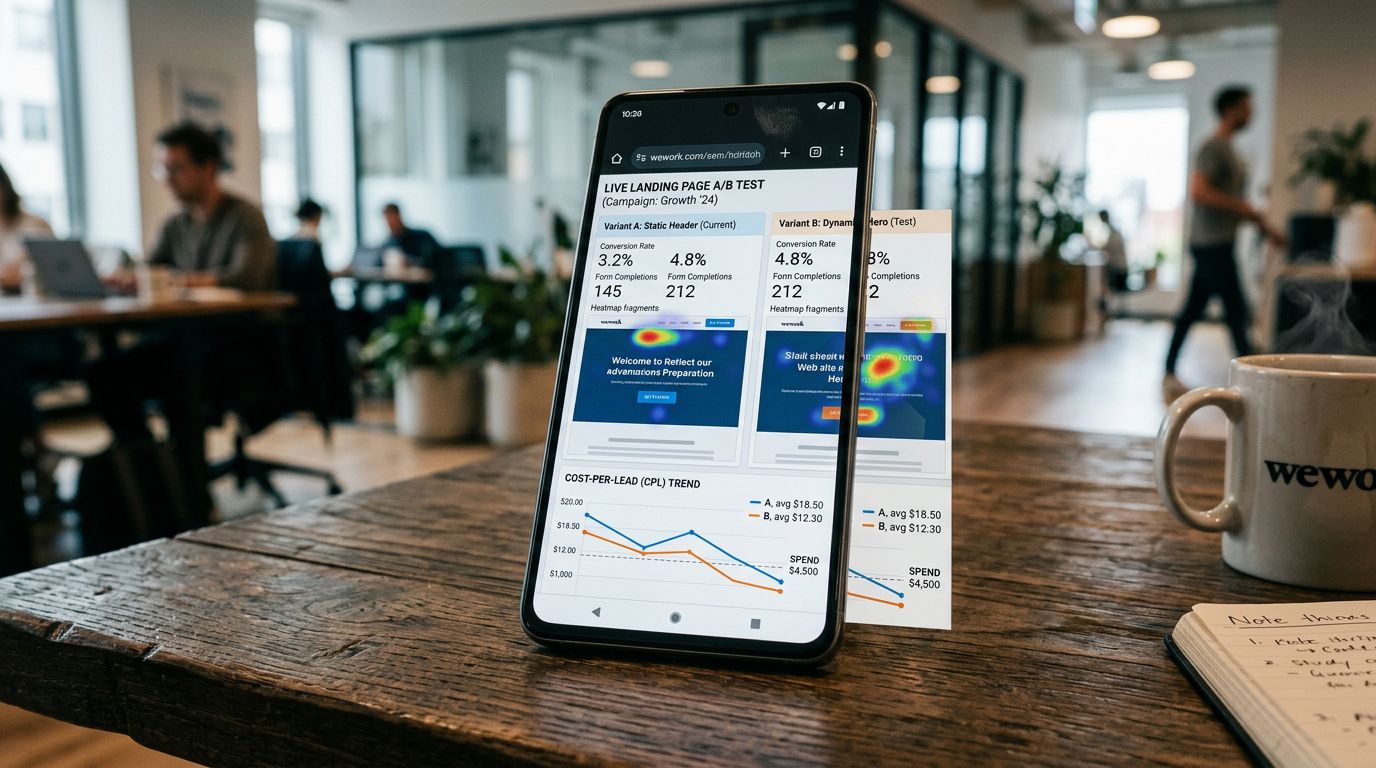 Co-working alanda, landing page A/B test sonuçlarını ve dönüşüm grafiklerini gösteren akıllı telefon ekranı yakın planı