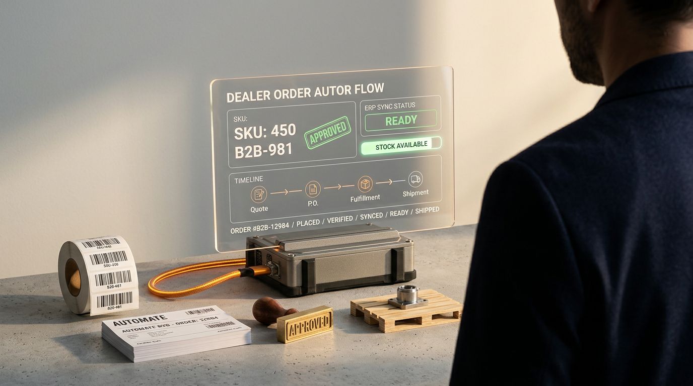 Bayi portalı, onay akışı ve ERP senkronizasyonunu simgeleyen minimalist B2B sipariş otomasyonu sahnesi
