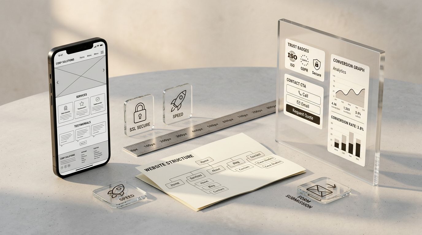 Mobil uyumlu kurumsal web sitesi planlamasını simgeleyen site haritası, telefon ekranı ve güven unsurlarından oluşan minimal stüdyo sahnesi