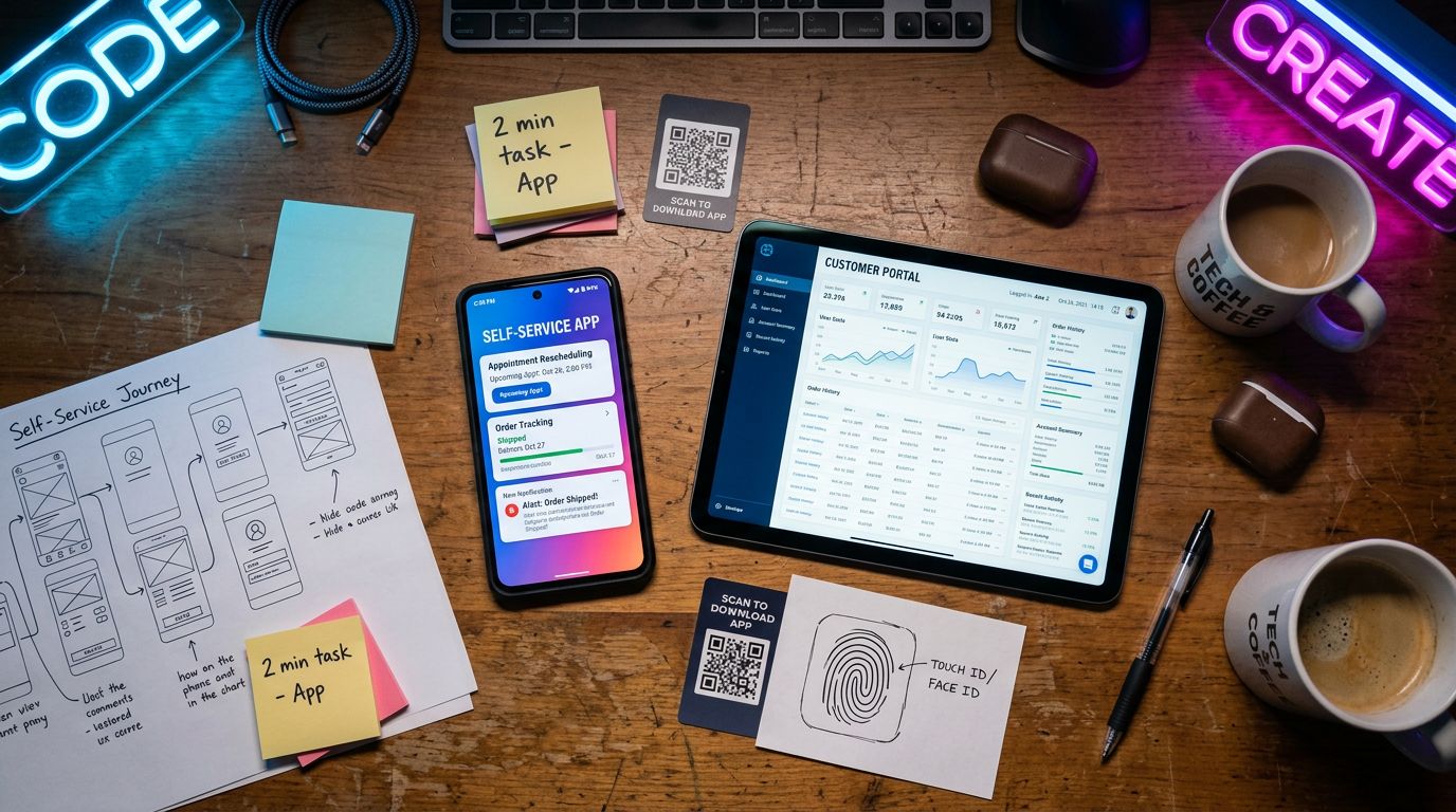 Ev ofis ortamında üstten çekilmiş sahnede müşteri portalı ile mobil uygulama arasında seçim ve self servis işlem akışları görselleştiriliyor.
