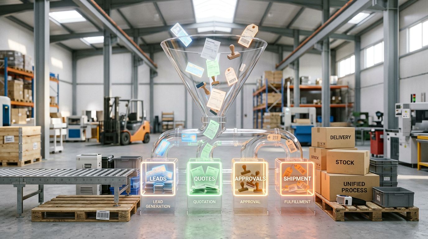 Üretim deposunda satış hunisini simgeleyen şeffaf yapı ve dijital teklif-sipariş akışını temsil eden özel CRM görseli