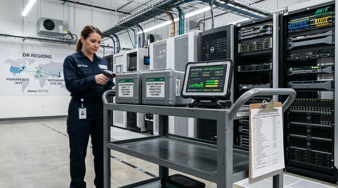 Veri merkezindeki felaket kurtarma alanında yedek kasetler, RPO-RTO ekranı ve failover kontrol listesi