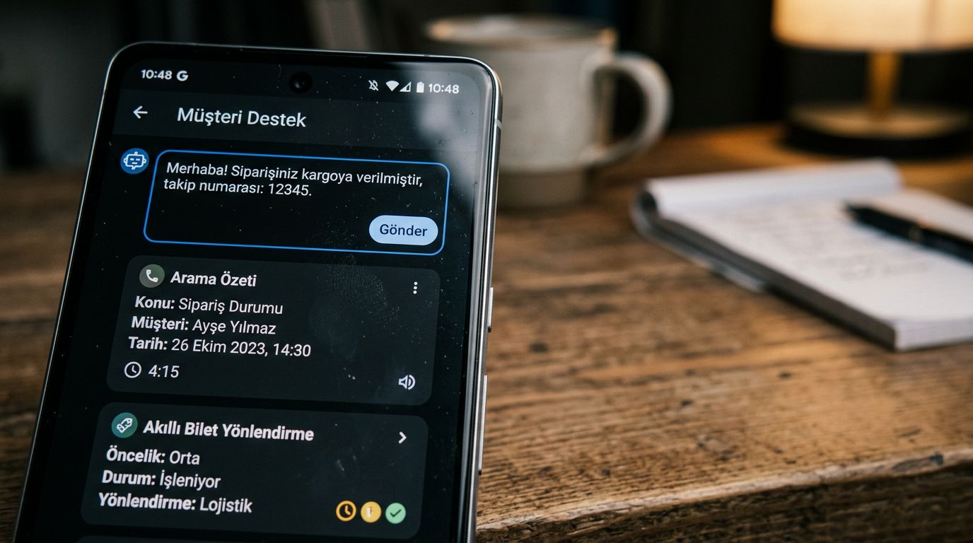 Co-working ortamında bir akıllı telefon ekranında chatbot yanıtı, çağrı özeti ve akıllı talep yönlendirme arayüzünün yakın plan görüntüsü