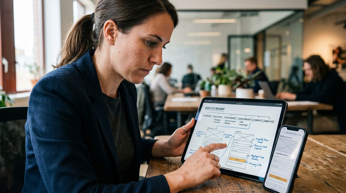 Co-working alanda tablet ve telefon üzerinde B2B site mimarisini inceleyen profesyonel kullanıcı yakın planı