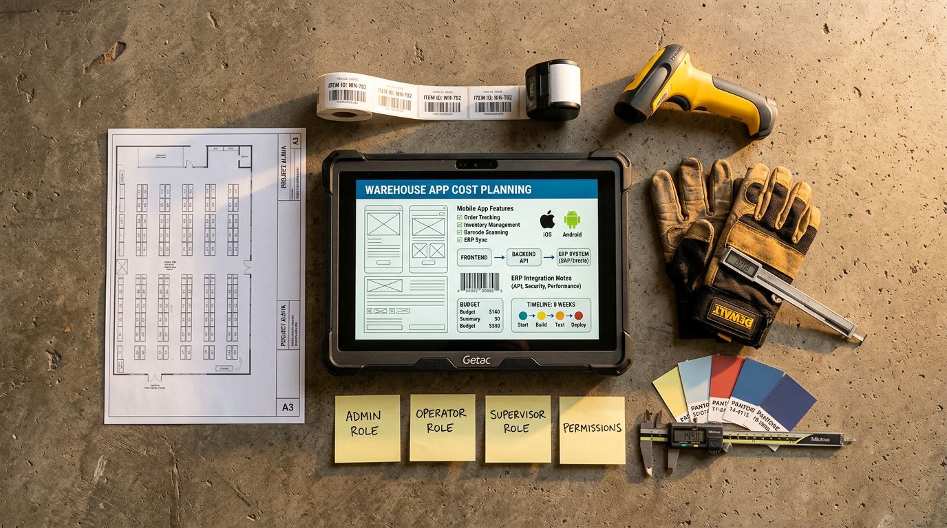 Depo zemininde üstten çekilmiş, mobil uygulama maliyet planı, entegrasyon notları ve endüstriyel tablet içeren düzenli sahne
