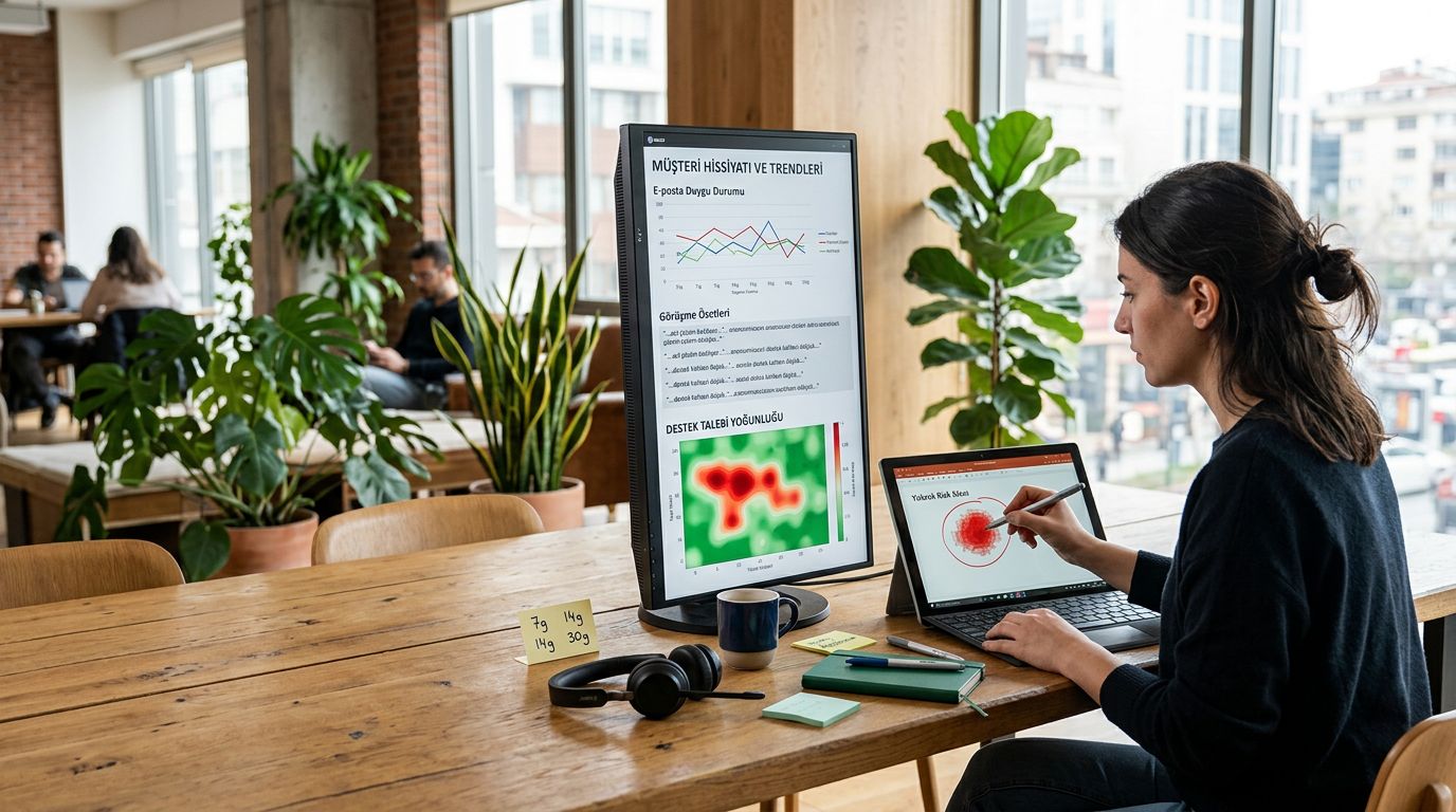 Ortak çalışma alanında e-posta, çağrı ve destek verilerinden müşteri risk sinyallerini inceleyen uzman