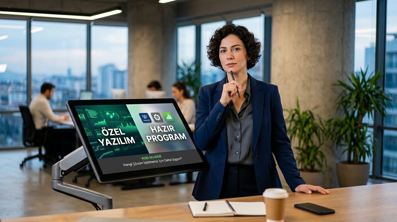 KOBİ ofisinde özel yazılım ve hazır program seçeneklerini değerlendiren yönetici ve yazılım ekibi