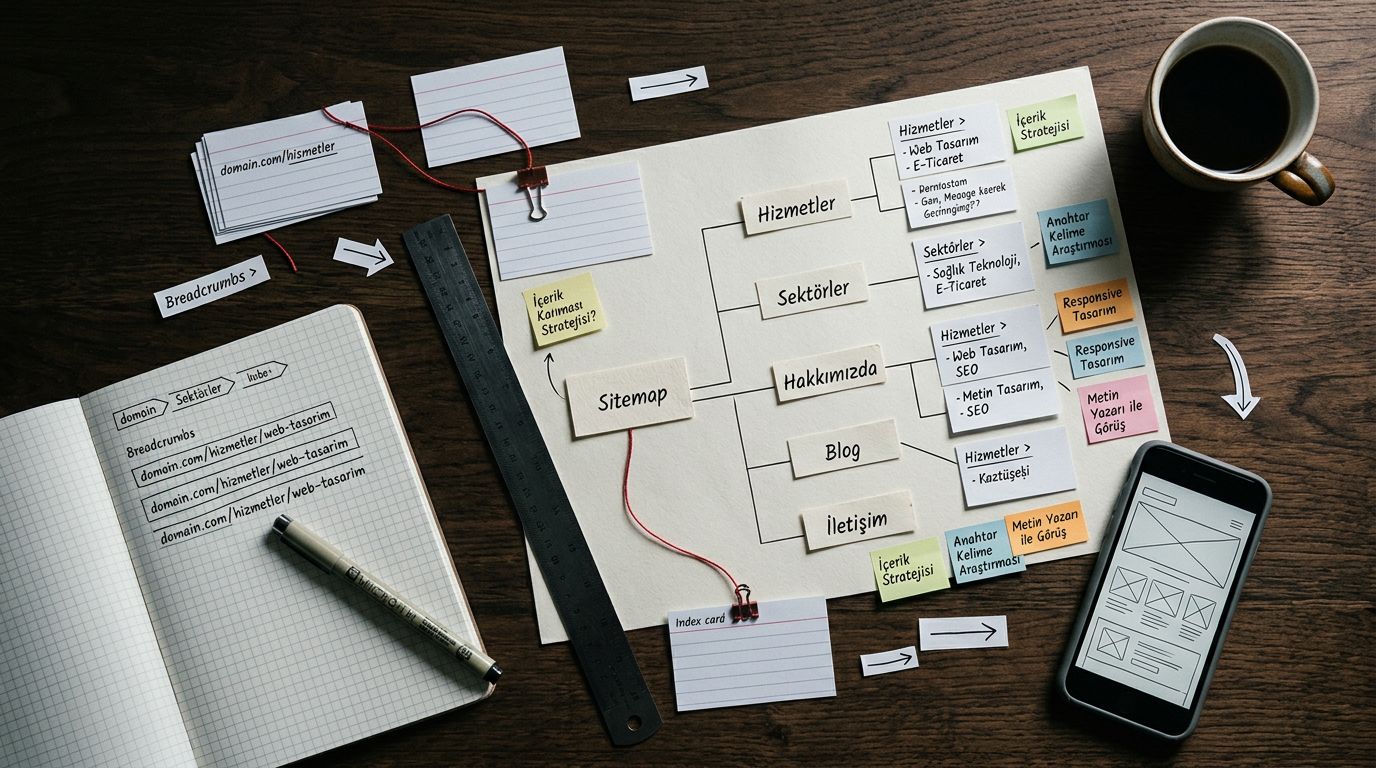 Ev ofis masasındaki çıktı sitemap, not kartları ve URL şemalarıyla web sitesi içerik mimarisi planlaması