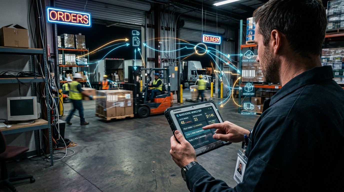 Depo ve sevkiyat alanında tablet kullanan saha personelinin ekranında sipariş, teklif ve cari hesap akışlarını gösteren B2B mobil uygulama görselleştirmesi