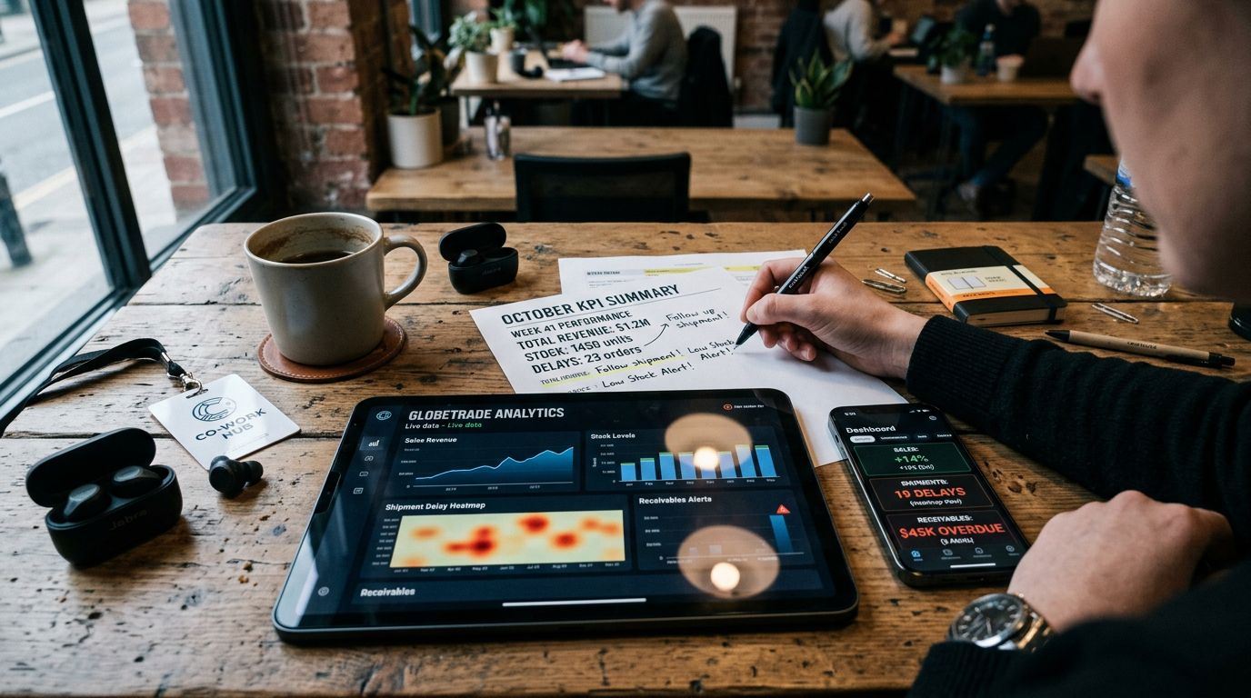 Co-working alanda tablet üzerinden anlık B2B dashboard inceleyen kişinin üstten çekilmiş görünümü