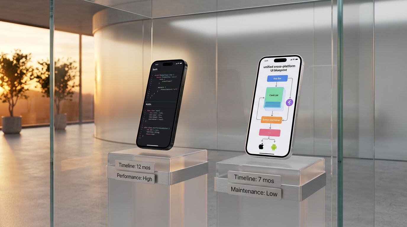 Vitrin benzeri minimal bir sahnede native ve cross platform mobil geliştirme seçeneklerini simgeleyen iki akıllı telefon
