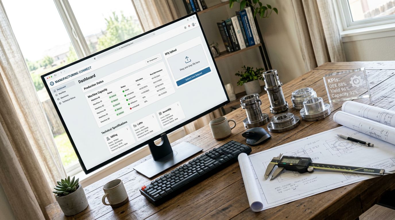 Ev ofisi ortamında, üretim kapasitesi ve teklif sürecini gösteren endüstriyel web sitesi ekranı ile metal parçalardan oluşan sembolik sahne