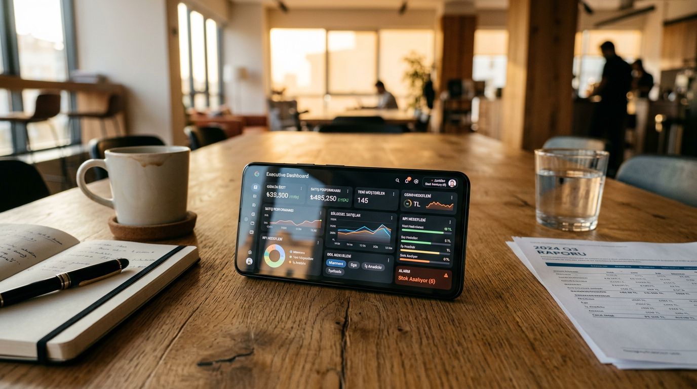 Co-working alanındaki masada duran telefonda kurumsal mobil uygulama dashboard ekranı ve KPI kartları