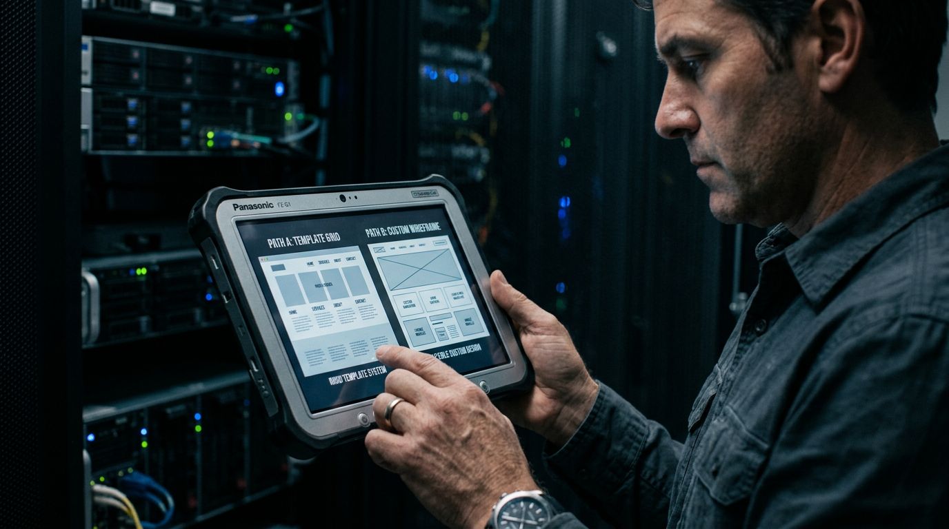 Veri merkezi atmosferinde tablet üzerinden hazır tema ve özel web tasarım seçeneklerini karşılaştıran yönetici yakın planı