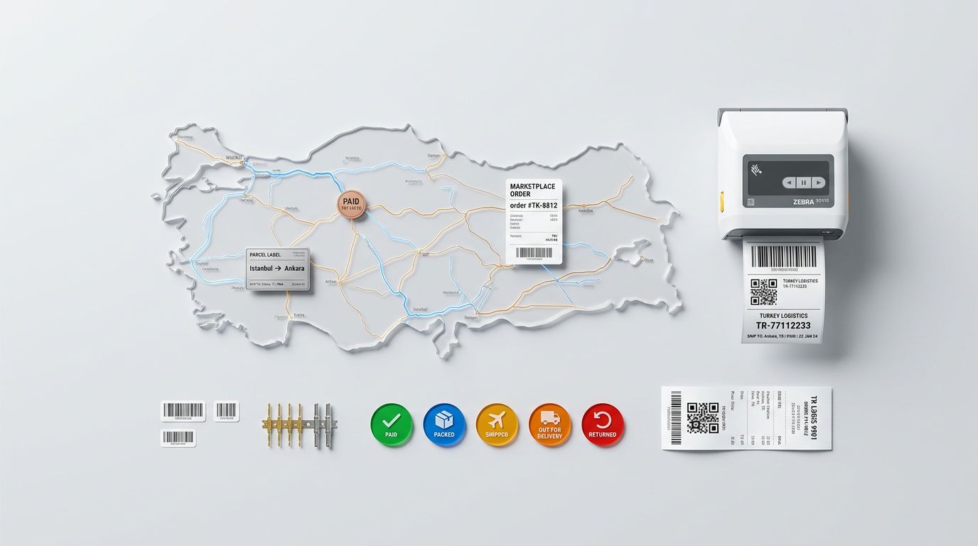 Kargo, ödeme ve pazar yeri entegrasyonlarını temsil eden etiketler, ödeme simgeleri ve takip akışlarının üstten görünümü
