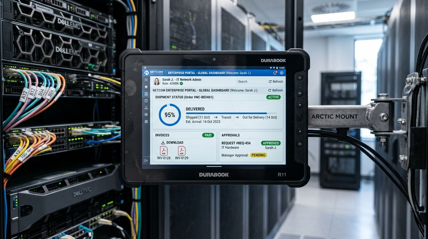 Veri merkezi ortamında self servis kurumsal portal ekranını gösteren endüstriyel tablet yakın planı