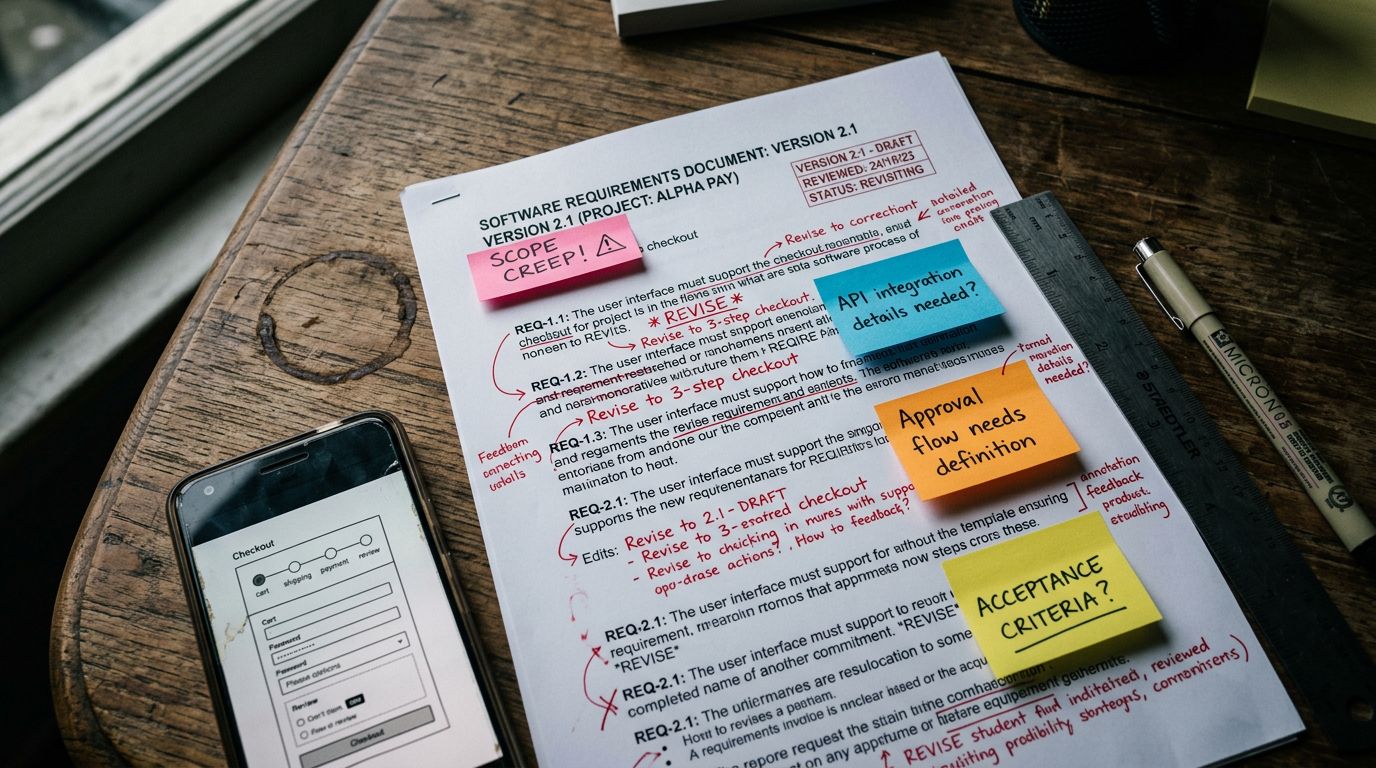 Kapsam notları, sürüm damgaları ve gereksinim maddeleri bulunan yazılım analiz dokümanının üstten yakın plan görünümü