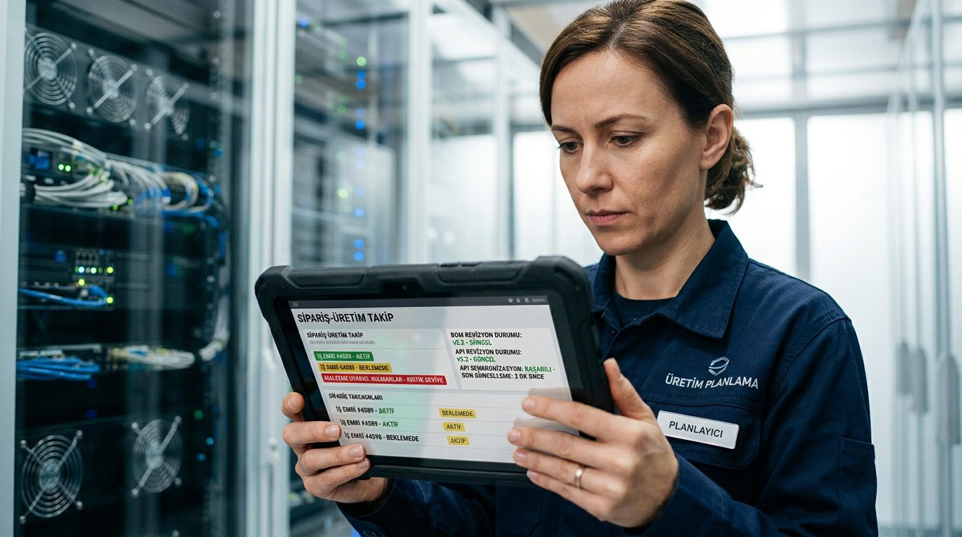 Veri merkezi benzeri ortamda tablet üzerinden siparişten üretime otomasyon panelini kullanan üretim planlama uzmanı