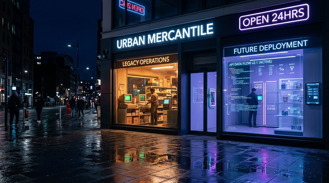 Eski ve yeni teknoloji katmanlarının birlikte çalıştığını gösteren neon ışıklı mağaza cephesi