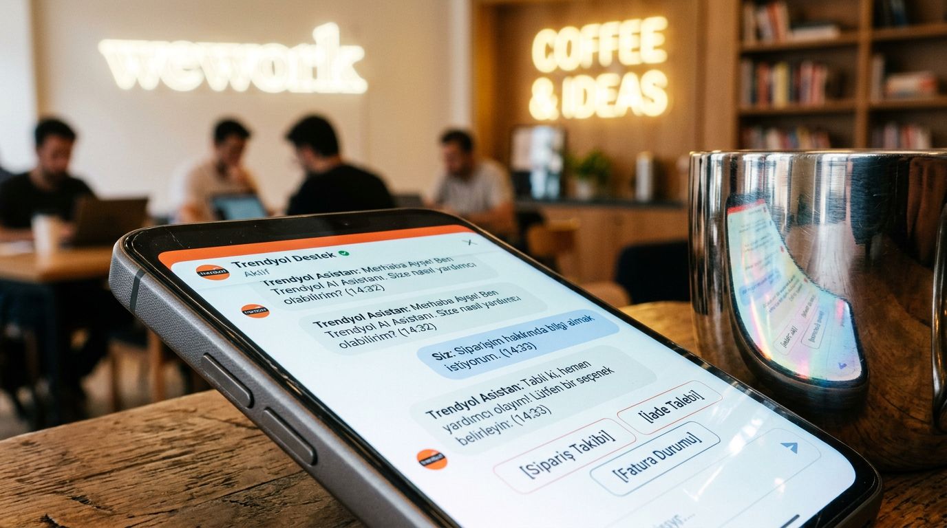 Co-working ortamında, telefon ekranında müşteri destek chatbot görüşmesini gösteren yakın plan görüntü