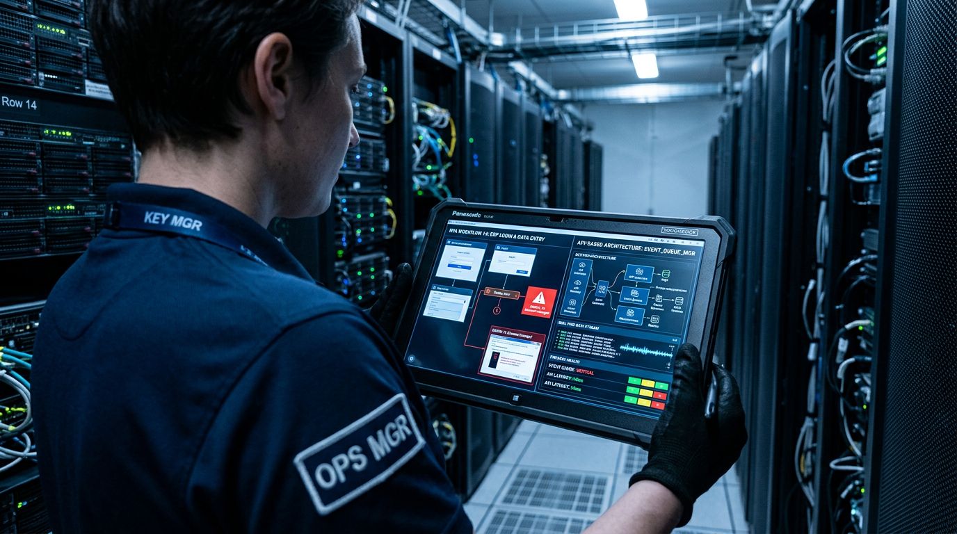 Veri merkezi ortamında tablet üzerinden RPA akışı ile özel otomasyon mimarisini karşılaştıran yönetici