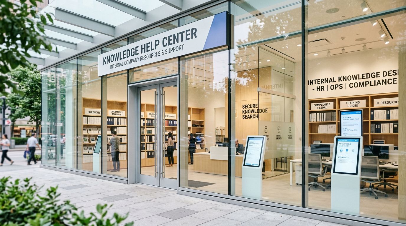 Kurumsal bilgi asistanını temsil eden, doküman bölümleri ve güvenli dijital bilgi kioskları bulunan modern mağaza cephesi