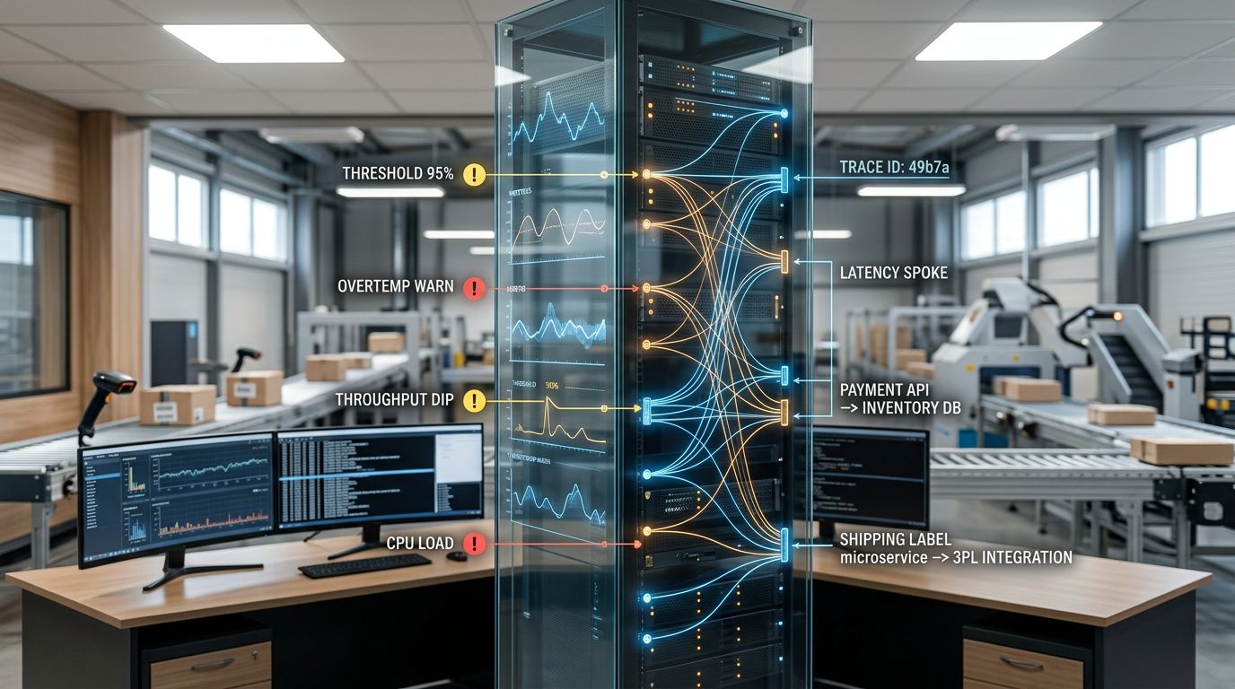 Kurumsal sistemlerde monitoring ve observability farkını veri akışları ve izleme katmanlarıyla gösteren endüstriyel kontrol odası görseli