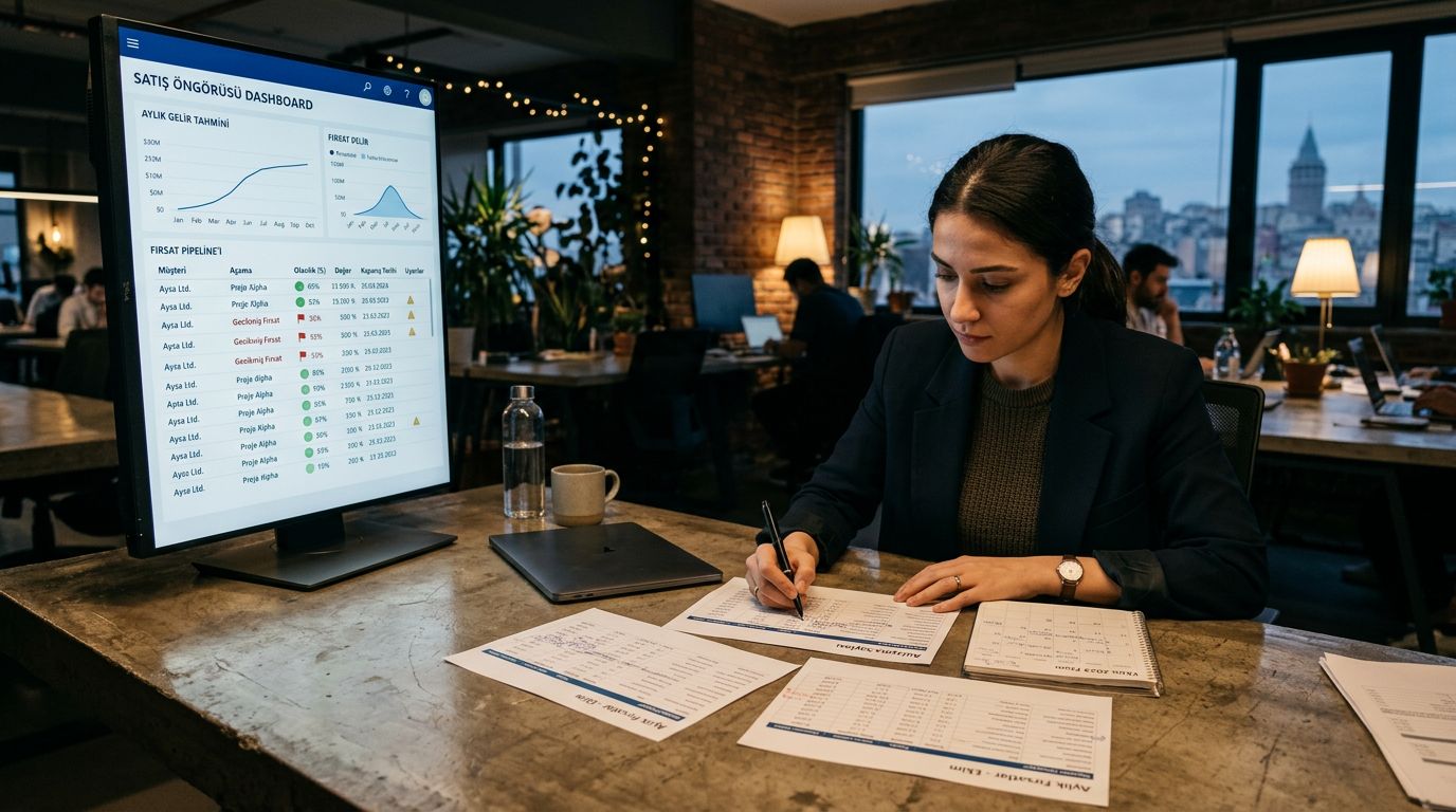 Co-working alanda CRM verisiyle yapay zeka destekli satış tahmini ekranını inceleyen uzman