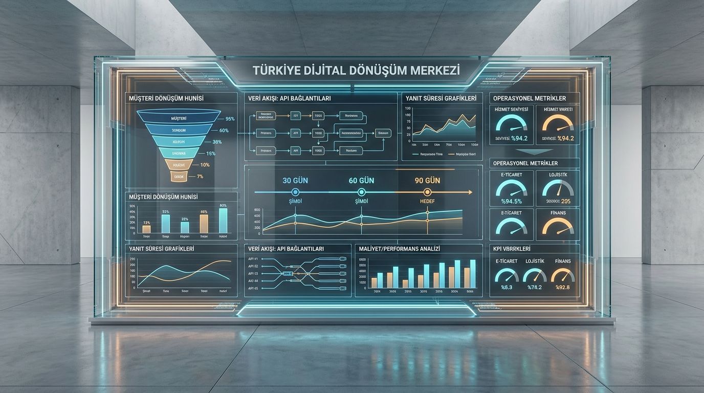 Dijital dönüşüm KPI panolarını ve süreç metriklerini gösteren fütüristik analiz duvarı