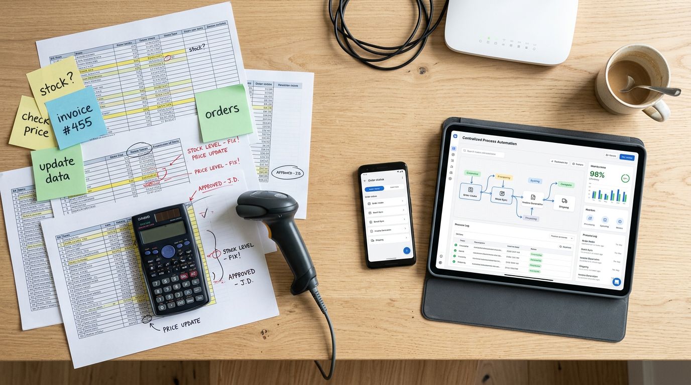 Ev ofis masasında Excel çıktıları, notlar ve merkezileştirilmiş süreç akışını gösteren cihazlarla süreç otomasyonu temalı üstten çekim sahne