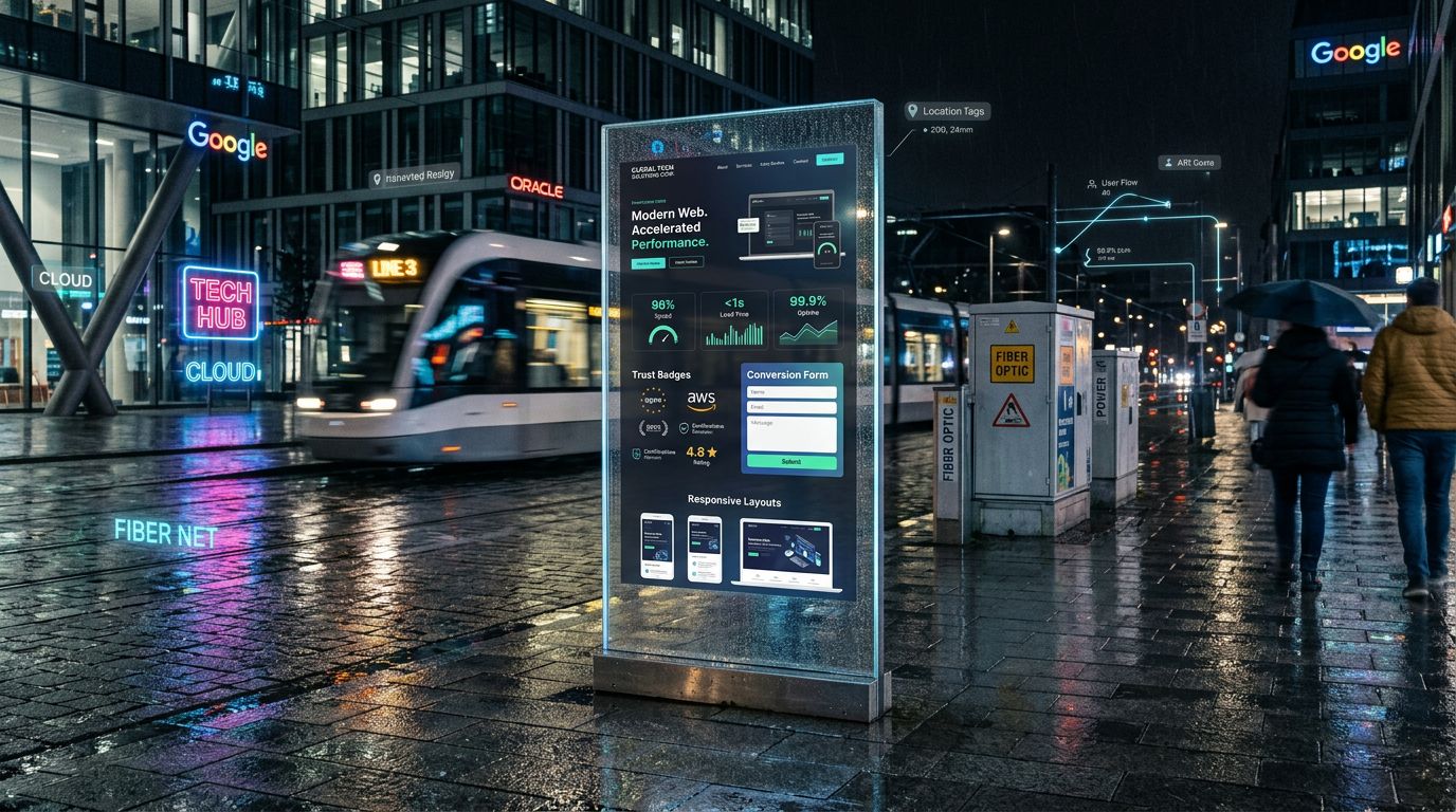 Neon ışıklı şehir ortamında kurumsal web sitesi arayüzünü gösteren dijital kiosk