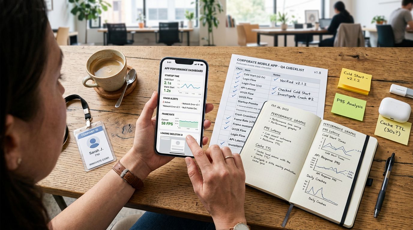 Co-working alanda tek kişinin akıllı telefonda mobil uygulama performans metriklerini test ettiği üstten çekim sahne
