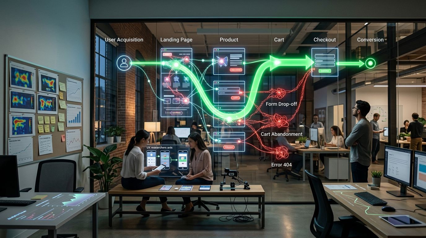 Form, CTA ve sayfa akışının veri akışları ve düğümlerle soyut biçimde görselleştirildiği dönüşüm optimizasyonu çalışma alanı
