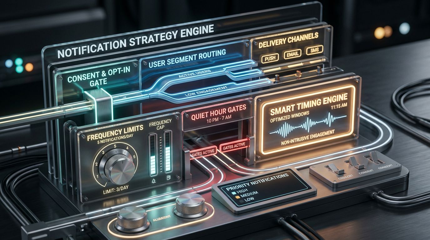 Push bildirim stratejisini temsil eden, zamanlama ve frekans kontrol panelleri içeren akıllı telefon yakın plan görseli