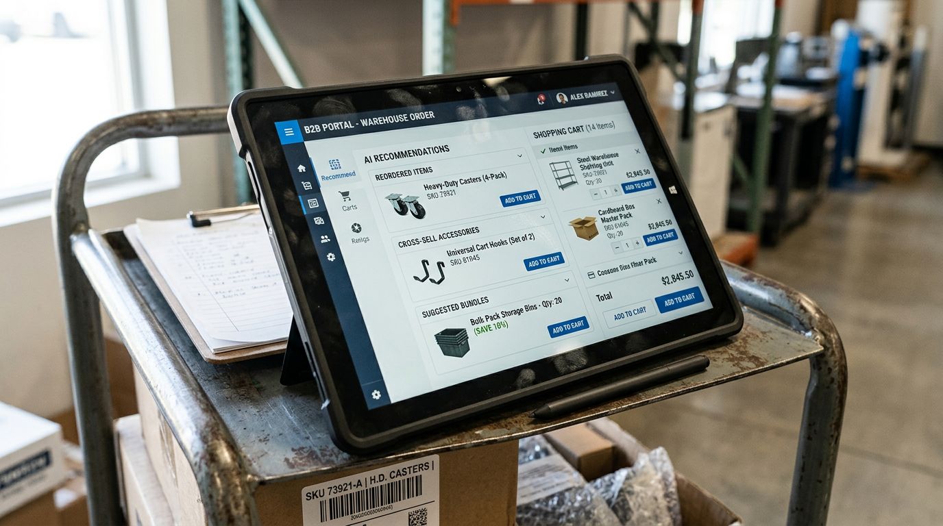 B2B sipariş ekranında sepet, tekrar sipariş ve çapraz satış önerileri gösteren tablet yakın planı