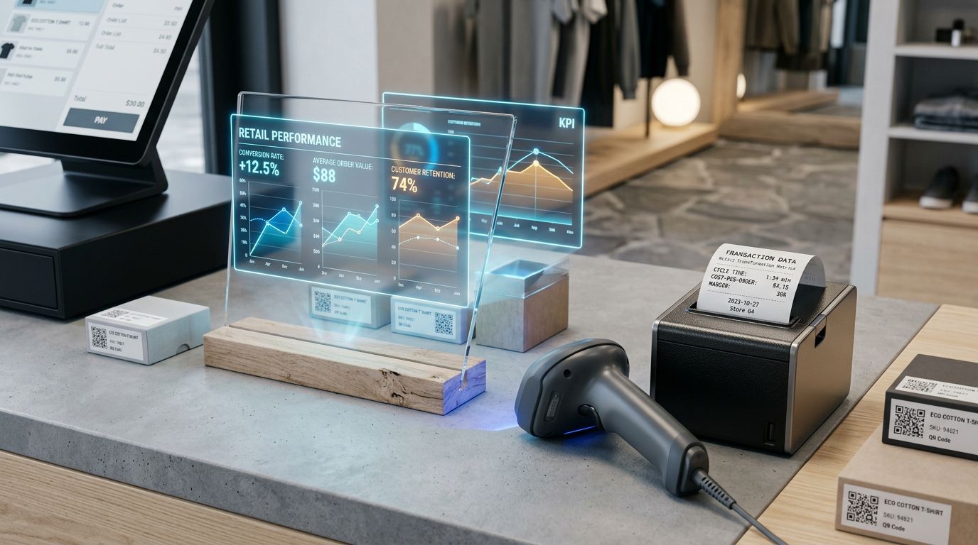 Perakende ortamını çağrıştıran, KPI metriklerini holografik grafiklerle gösteren fütüristik teknolojik obje düzeni