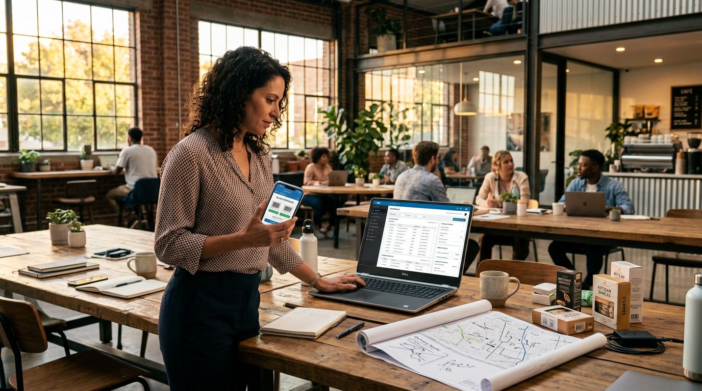 Ortak çalışma alanında laptoptaki sipariş web paneli ile telefondaki mobil sipariş uygulamasını karşılaştıran bir kullanıcı