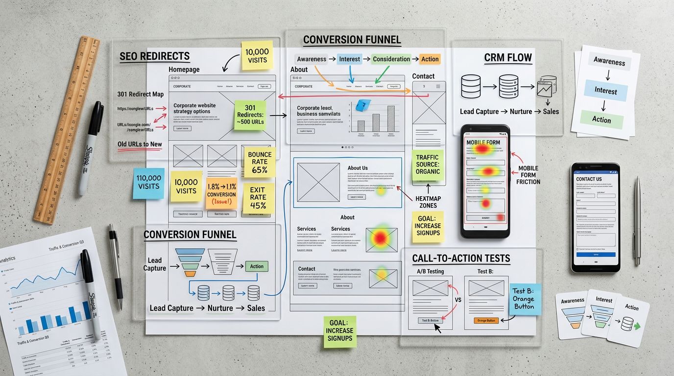 Web sitesi yenileme strateji hatalarını gösteren, SEO yönlendirmeleri, dönüşüm hunisi ve mobil form sorunları içeren üstten çekim düzen